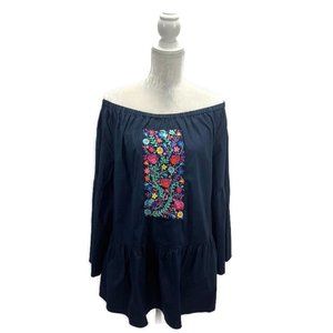 Off Shoulder Embroidered Bell Sleeve Peasant Top L